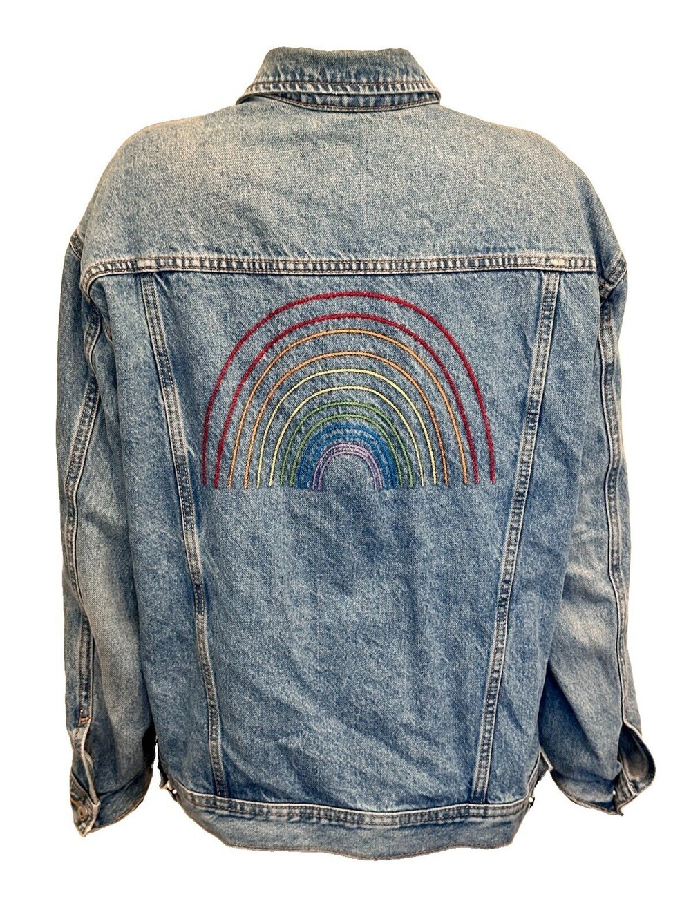Old Navy Women's Denim Jacket in Rainbow Embroidered Boyfriend Fit Pride-LARGE